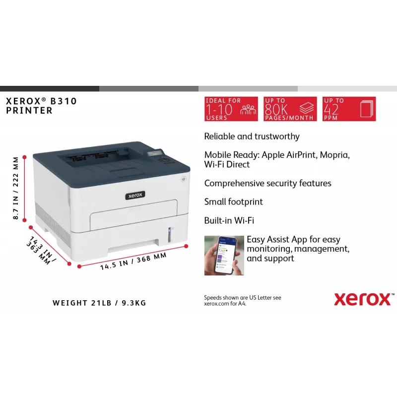 Stampante Xerox B310 A4 40ppm wireless duplex PS3 PCL5e/6 2 vassoi totale 350 fogli