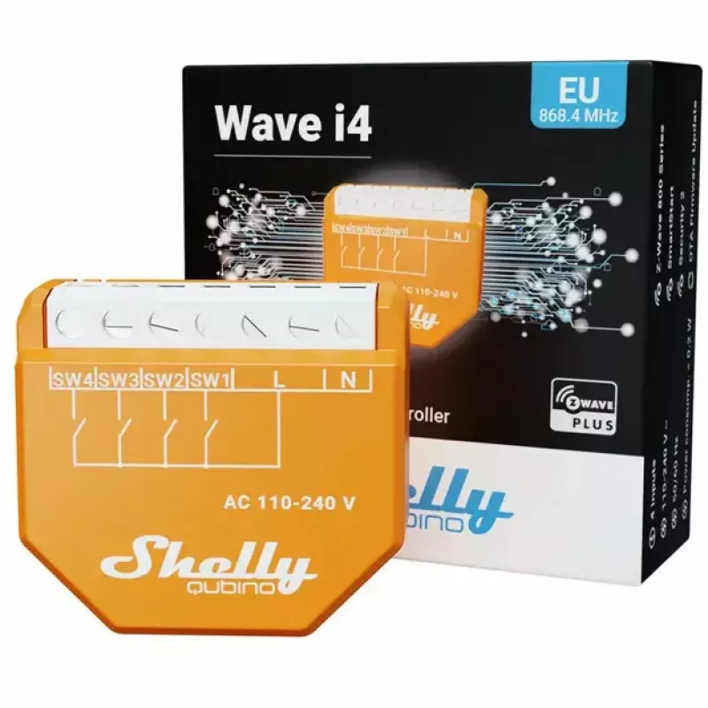 Interruttore smart Shelly Qubino Wave i4 — controller di scena wireless 110–240 V, 16 A, 50/60 Hz, arancione