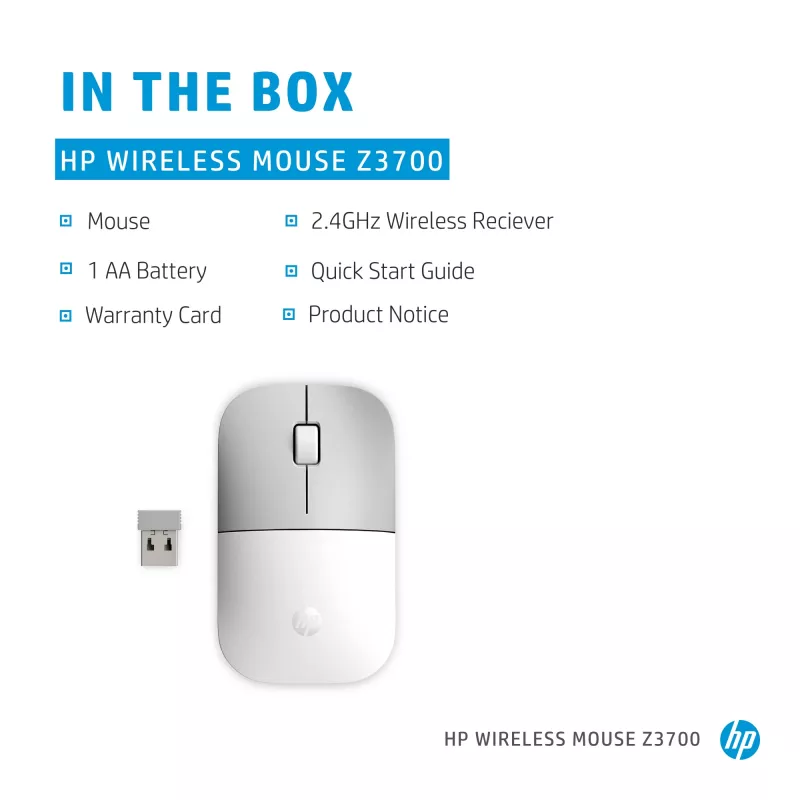 Mouse wireless HP Z3700 ceramica bianco, ambidestro, ottico, RF Wireless, 1200 DPI, argento, bianco