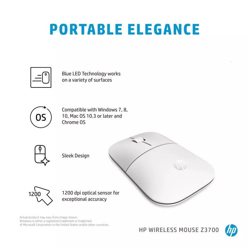 Mouse wireless HP Z3700 ceramica bianco, ambidestro, ottico, RF Wireless, 1200 DPI, argento, bianco
