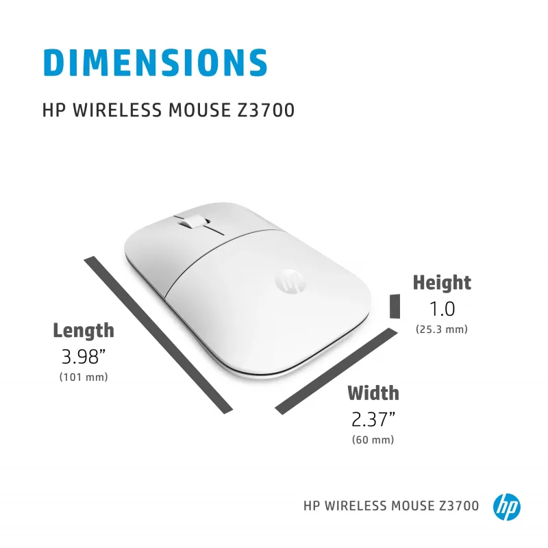 Mouse wireless HP Z3700 ceramica bianco, ambidestro, ottico, RF Wireless, 1200 DPI, argento, bianco
