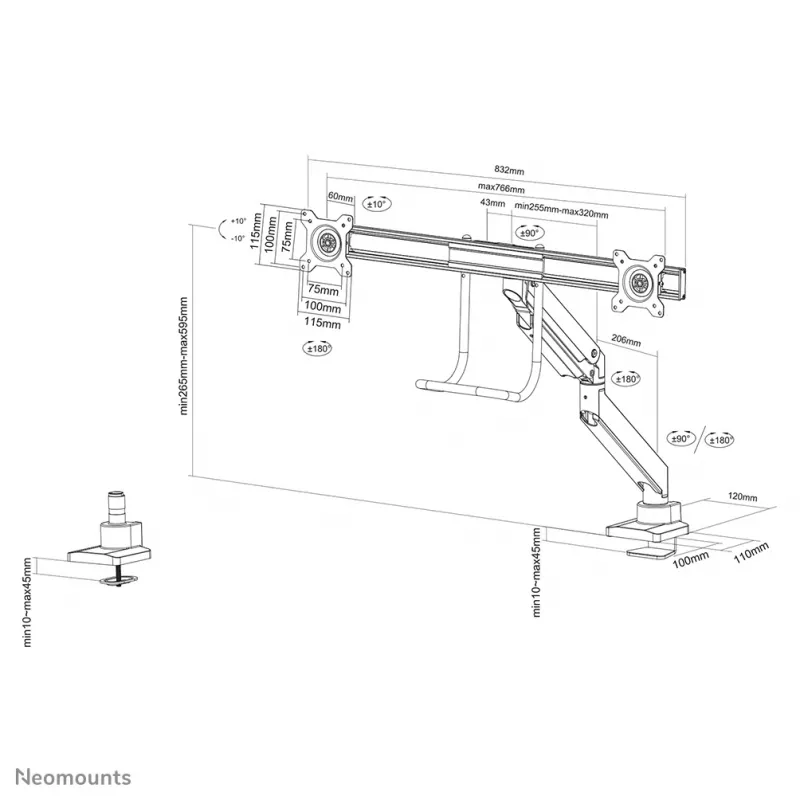 Neomounts NM-D775DXBLACK braccio per monitor 10-32 inch - pistone a gas - Topfix - stop 180°