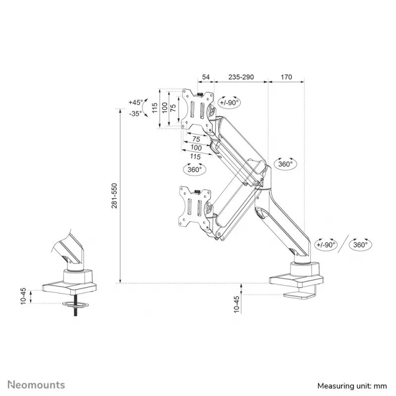 Neomounts DS70-450WH1 braccio per monitor 17-42 inch - pistone a gas - Topfix - stop 180°