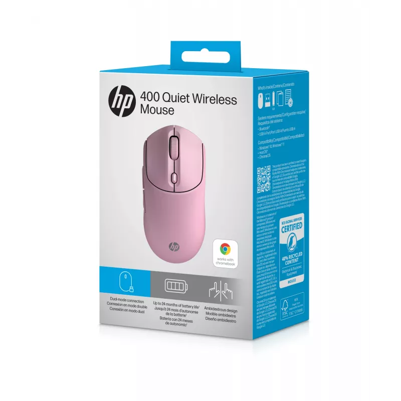 HP 400 Mouse wireless silenzioso rosa, ambidestro, RF Wireless + Bluetooth, 6000 DPI, rosa