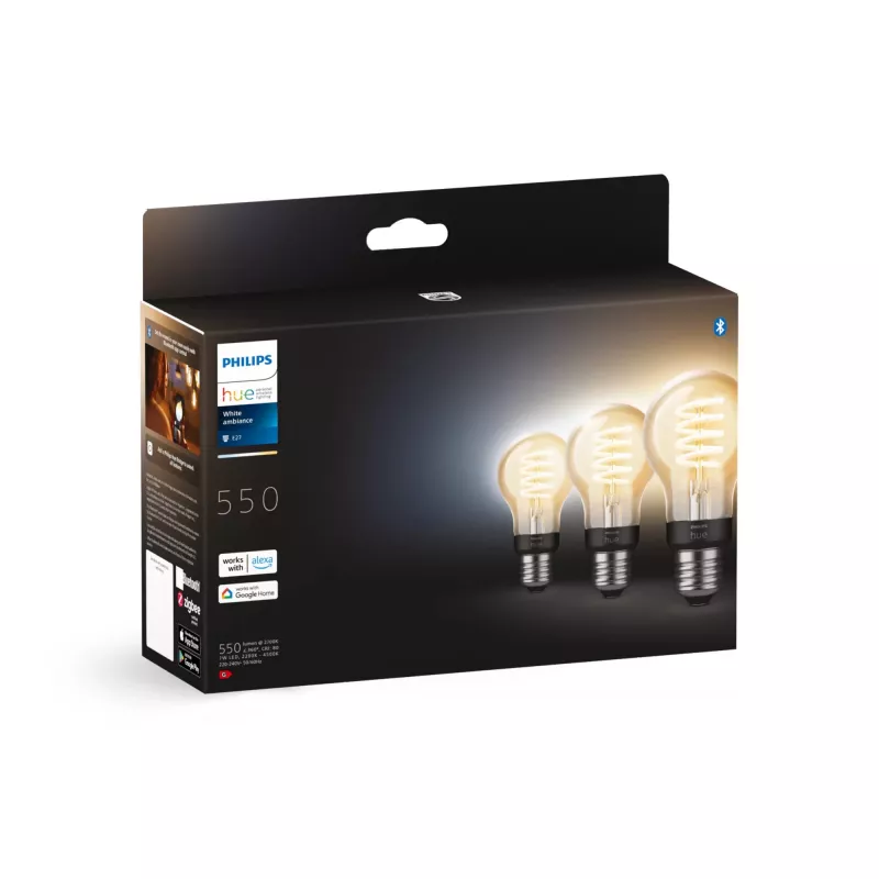 Philips Hue White Ambiance E27 A60 lampadina smart a filamento, 7 W, 550 lm, 3 pezzi