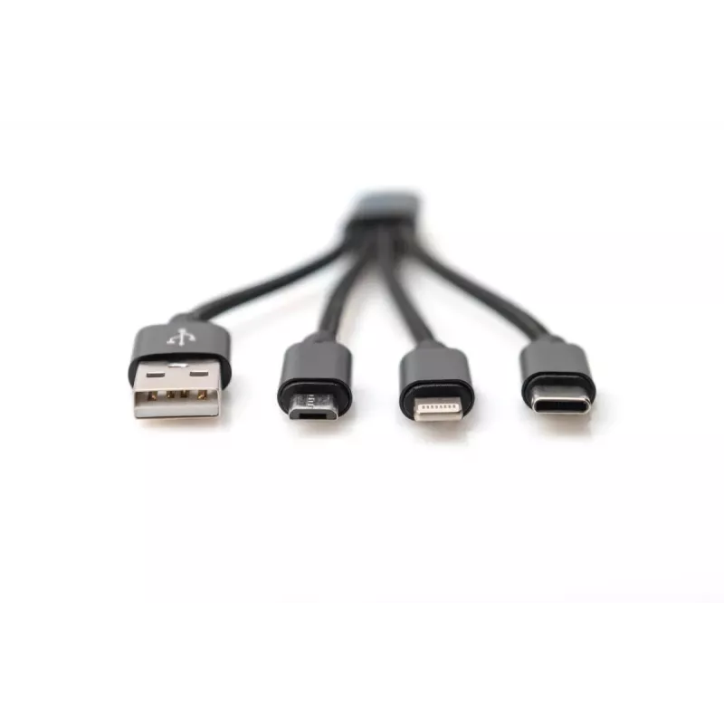 DIGITUS Cavo di ricarica USB USB A – Lightning+Micro B+Type-C M/M/M/M 15 cm cavo 3-in-1, cotone, CE, nero
