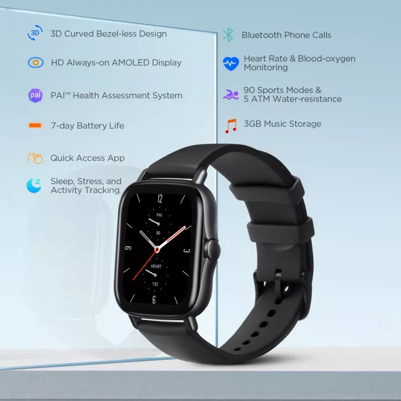 Amazfit GTS 2 smartwatch, 4,19 cm (1,65 pollici) AMOLED, 43 mm, GPS, chiamate Bluetooth, 5 ATM, Midnight Black