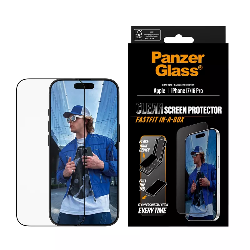 Pellicola protettiva PanzerGlass® iPhone 17 | iPhone 16 Pro | Ultra-Wide Fit con FASTFIT IN-A-BOX