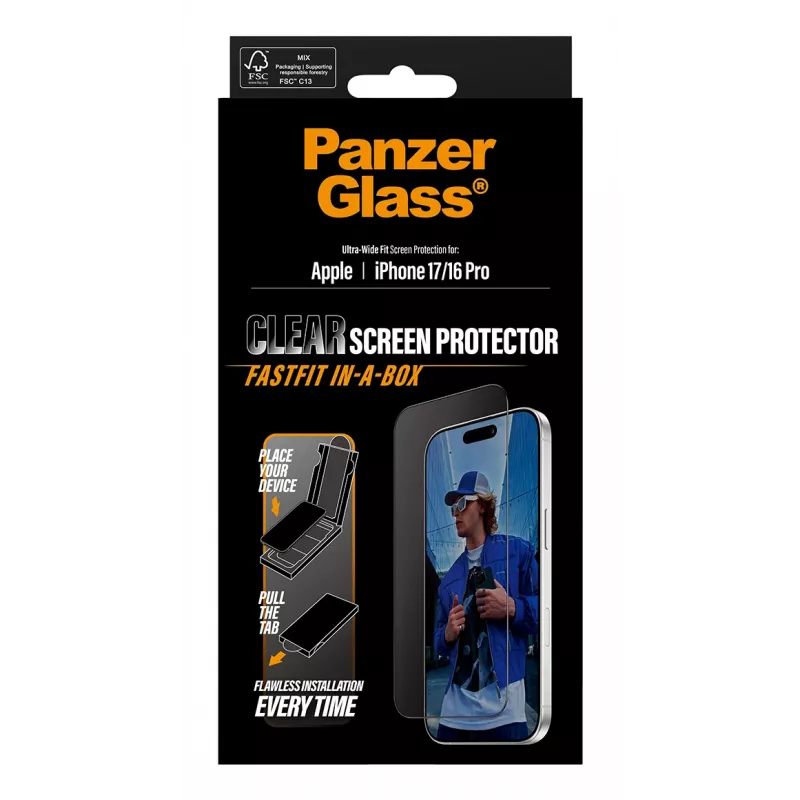 Pellicola protettiva PanzerGlass® iPhone 17 | iPhone 16 Pro | Ultra-Wide Fit con FASTFIT IN-A-BOX
