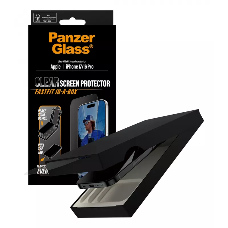 Pellicola protettiva PanzerGlass® iPhone 17 | iPhone 16 Pro | Ultra-Wide Fit con FASTFIT IN-A-BOX