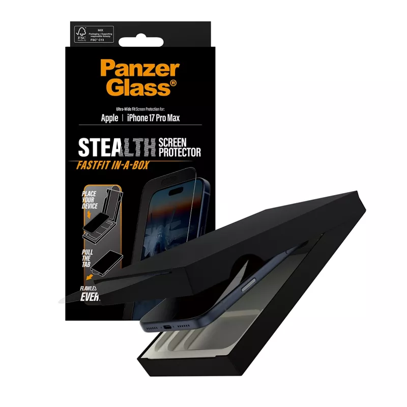 Pellicola protettiva PanzerGlass ® Stealth iPhone 17 Pro Max | Ultra-Wide Fit con FASTFIT IN-A-BOX