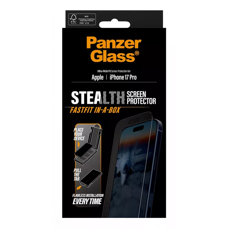 Pellicola protettiva PanzerGlass ® Stealth iPhone 17 Pro | Ultra-Wide Fit con FASTFIT IN-A-BOX