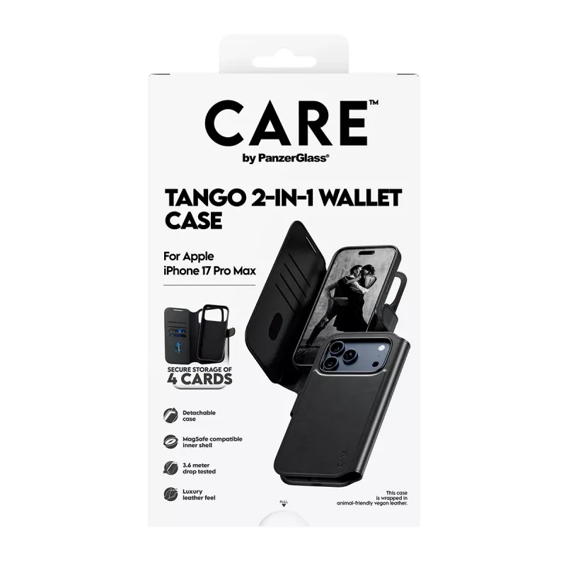 Custodia protettiva 2 in 1 per cellulare con porta carte PanzerGlass CARE Feature Case Tango compatibile MagSafe per iPhone 17 Pro Max, nero