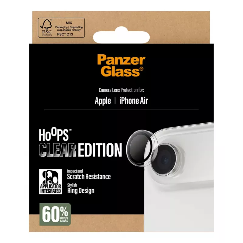 Protezione lenti fotocamera PanzerGlass Hoops per iPhone Air — vetro temperato e silicone, trasparente, 1 pz.
