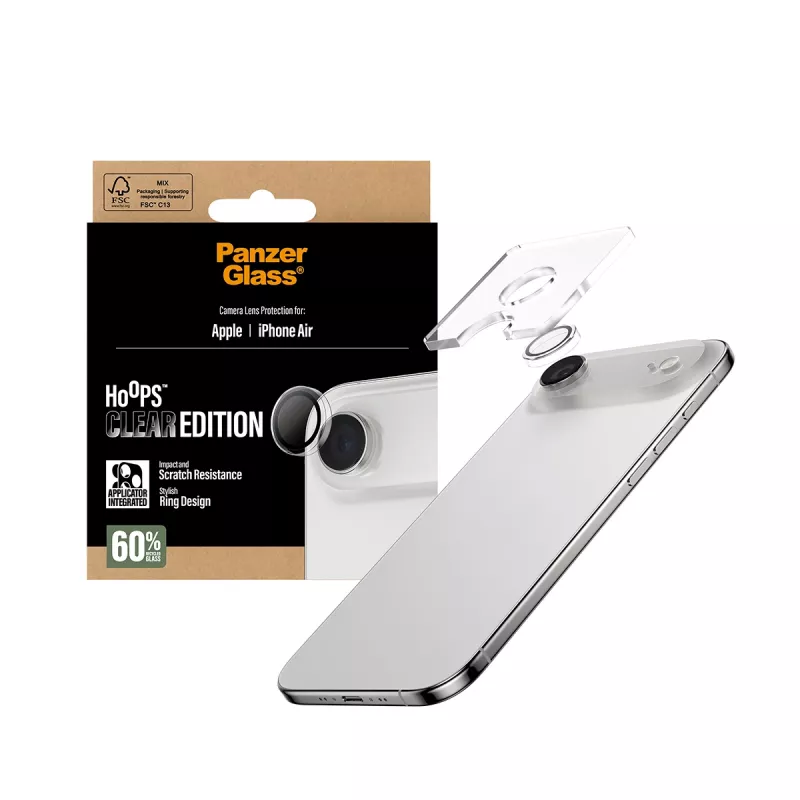 Protezione lenti fotocamera PanzerGlass Hoops per iPhone Air — vetro temperato e silicone, trasparente, 1 pz.