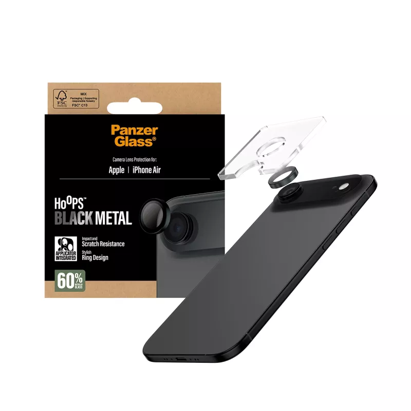 Protezione lenti fotocamera PanzerGlass Hoops per iPhone Air — vetro temperato, nero, antigraffio e antishock