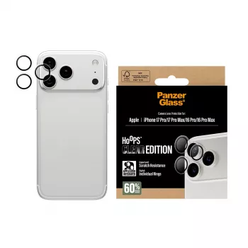 Protezione fotocamera PanzerGlass Hoops trasparente per iPhone 17 Pro / 17 Pro Max / 16 Pro / 16 Pro Max, vetro temperato, silicone, 1 pz.