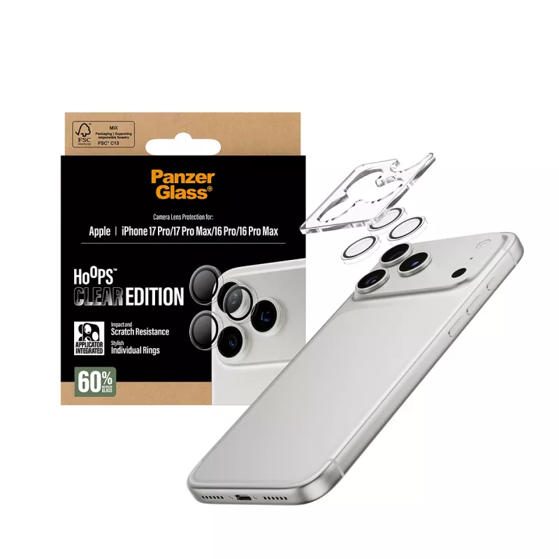 Protezione fotocamera PanzerGlass Hoops trasparente per iPhone 17 Pro / 17 Pro Max / 16 Pro / 16 Pro Max, vetro temperato, silicone, 1 pz.