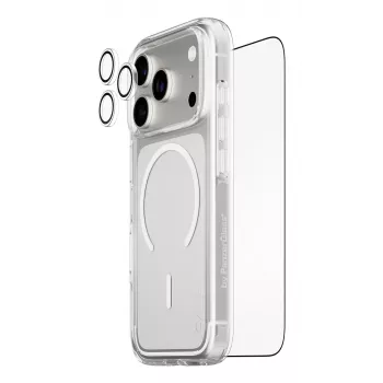 Bundle protezione schermo PanzerGlass CARE 3-in-1 Flagship Explorer per iPhone 17 Pro – vetro temperato, PET, silicone, trasparente