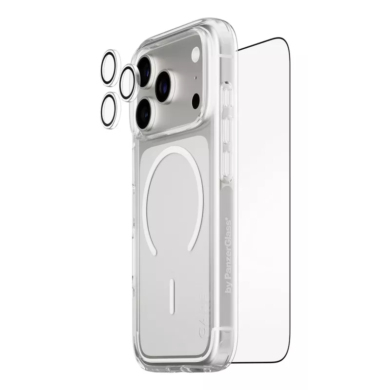 Bundle protezione schermo PanzerGlass CARE 3-in-1 Flagship Explorer per iPhone 17 Pro – vetro temperato, PET, silicone, trasparente