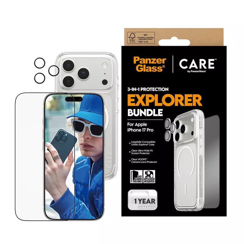 Bundle protezione schermo PanzerGlass CARE 3-in-1 Flagship Explorer per iPhone 17 Pro – vetro temperato, PET, silicone, trasparente