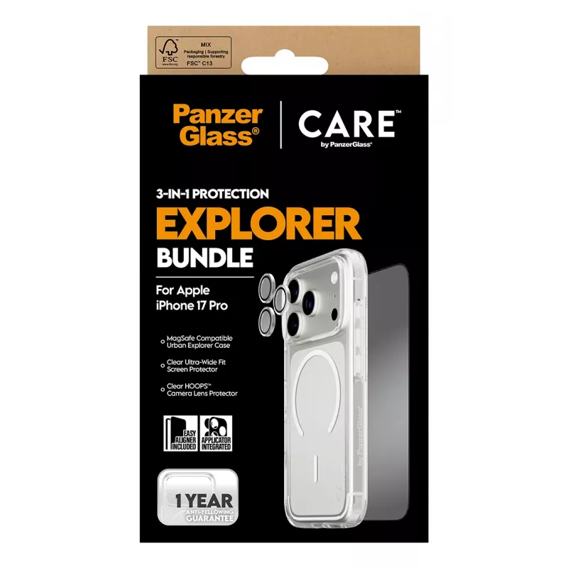 Bundle protezione schermo PanzerGlass CARE 3-in-1 Flagship Explorer per iPhone 17 Pro – vetro temperato, PET, silicone, trasparente