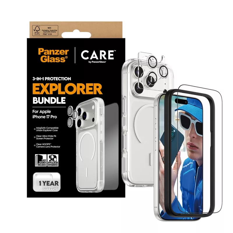 Bundle protezione schermo PanzerGlass CARE 3-in-1 Flagship Explorer per iPhone 17 Pro – vetro temperato, PET, silicone, trasparente