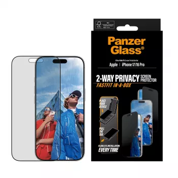 Pellicola protezione display privacy PanzerGlass per iPhone 17 / iPhone 16 Pro — Ultra-Wide Fit, vetro temperato + PET, FASTFIT