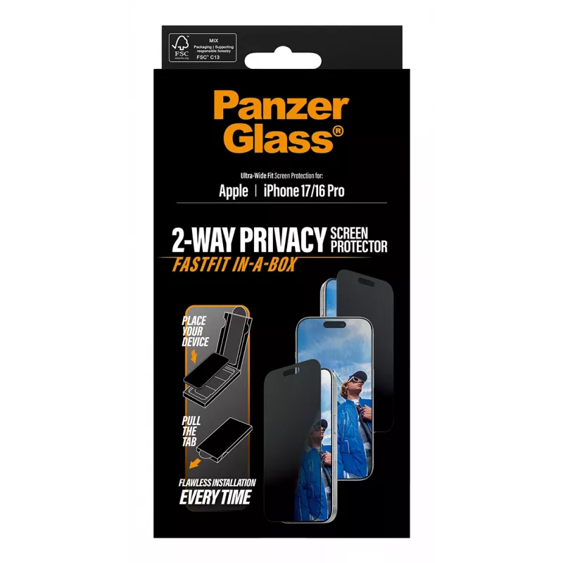 Pellicola protezione display privacy PanzerGlass per iPhone 17 / iPhone 16 Pro — Ultra-Wide Fit, vetro temperato + PET, FASTFIT