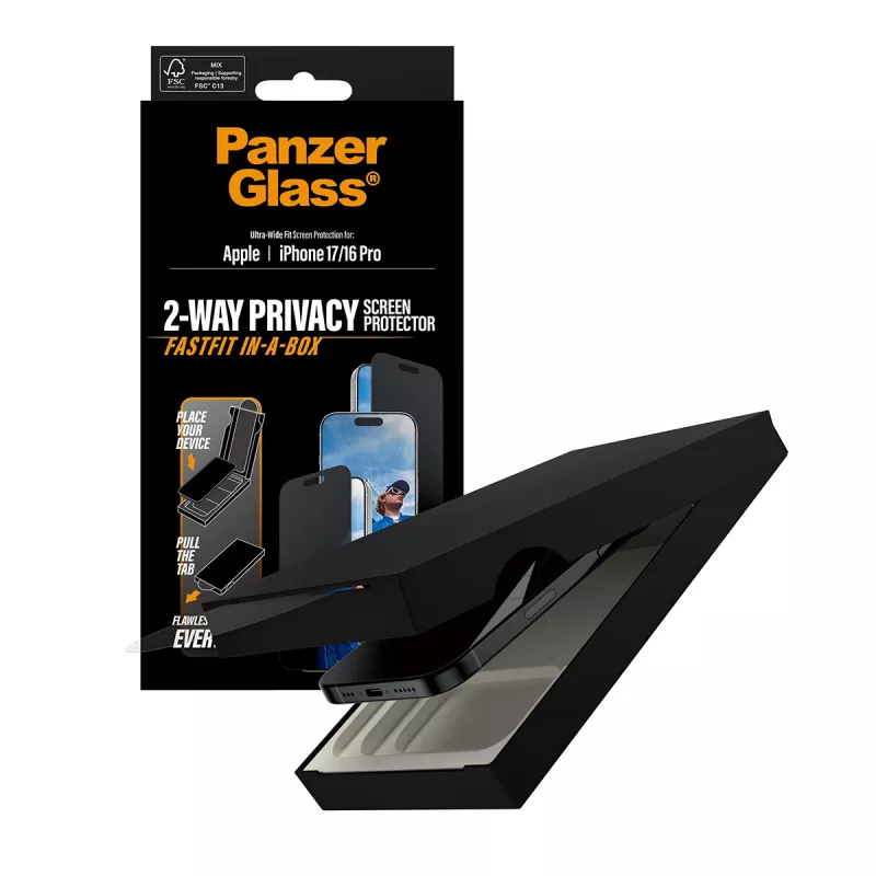 Pellicola protezione display privacy PanzerGlass per iPhone 17 / iPhone 16 Pro — Ultra-Wide Fit, vetro temperato + PET, FASTFIT
