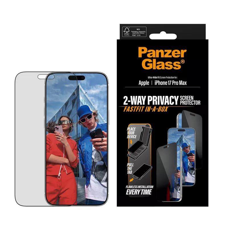 Protezione schermo PanzerGlass 2-Way Privacy per iPhone 17 Pro Max — vetro temperato, Ultra-Wide Fit, FASTFIT