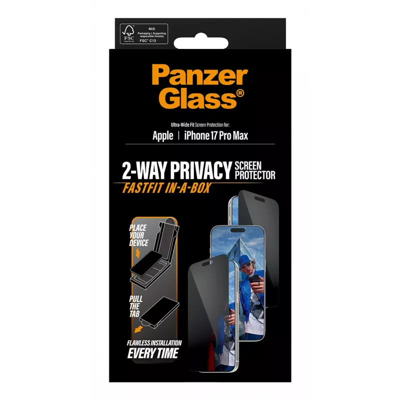 Protezione schermo PanzerGlass 2-Way Privacy per iPhone 17 Pro Max — vetro temperato, Ultra-Wide Fit, FASTFIT