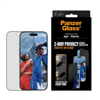 Protezione schermo PanzerGlass Privacy per iPhone Air — vetro temperato, vestibilità ultra-wide, filtro privacy, FASTFIT