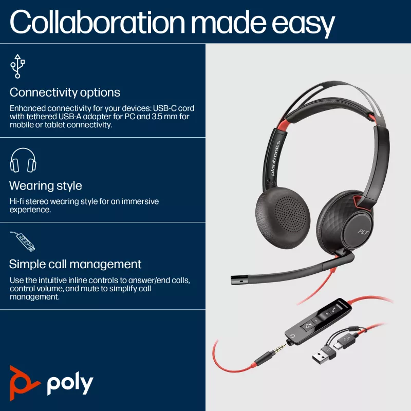 HP Poly Blackwire 5220 Cuffie stereo USB-C + jack 3,5 mm + adattatore USB-C/A