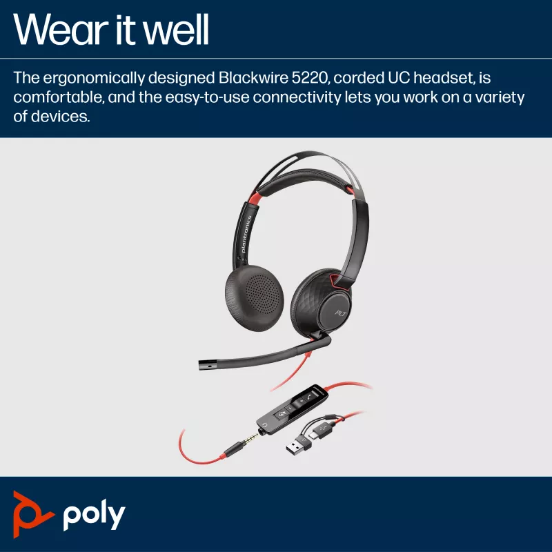 HP Poly Blackwire 5220 Cuffie stereo USB-C + jack 3,5 mm + adattatore USB-C/A