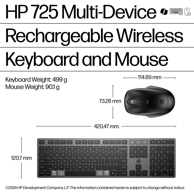 HP 725 Set tastiera e mouse wireless multi-dispositivo ricaricabile