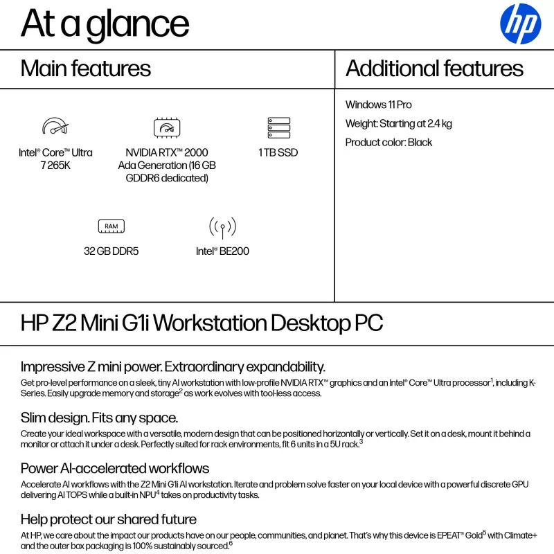 HP Z2 Mini G1i A40LPET workstation AI mini PC, Intel Core Ultra 7 265K, 32 GB RAM, 1 TB SSD, NVIDIA RTX 2000 Ada 16 GB, Wi-Fi 7, Windows 11 Pro