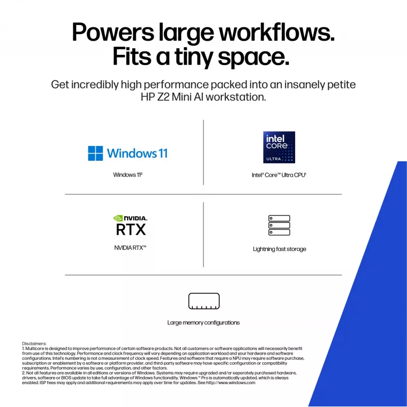 HP Z2 Mini G1i A40LPET workstation AI mini PC, Intel Core Ultra 7 265K, 32 GB RAM, 1 TB SSD, NVIDIA RTX 2000 Ada 16 GB, Wi-Fi 7, Windows 11 Pro