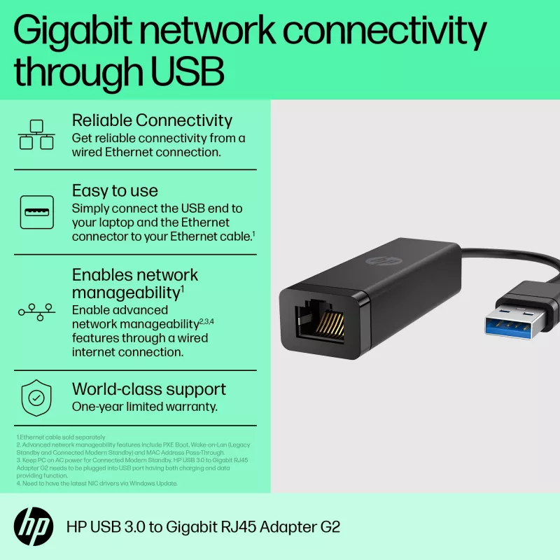 HP adattatore USB 3.0 a Gigabit RJ45 G2, con filo, USB, Ethernet, nero