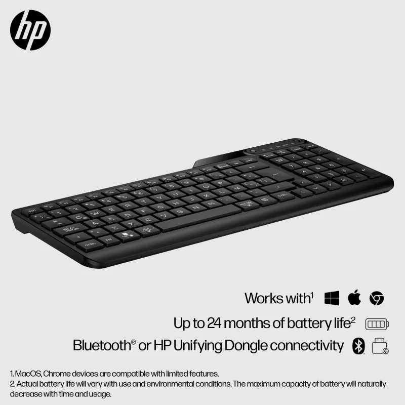 HP 475 tastiera wireless dual-mode, full-size (100%), wireless, RF wireless + Bluetooth, a membrana, nero