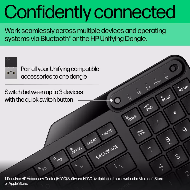 HP 475 tastiera wireless dual-mode, full-size (100%), wireless, RF wireless + Bluetooth, a membrana, nero