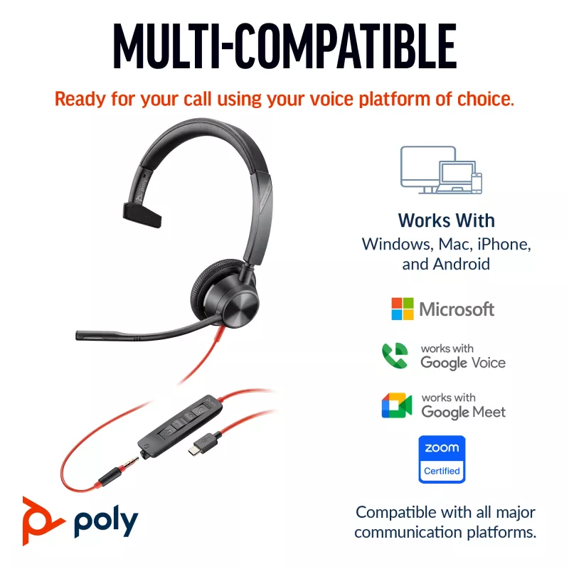 Cuffie HP Poly Blackwire 3315 monoaurali Microsoft Teams Certified USB-C + jack 3,5 mm + adattatore USB-C/A