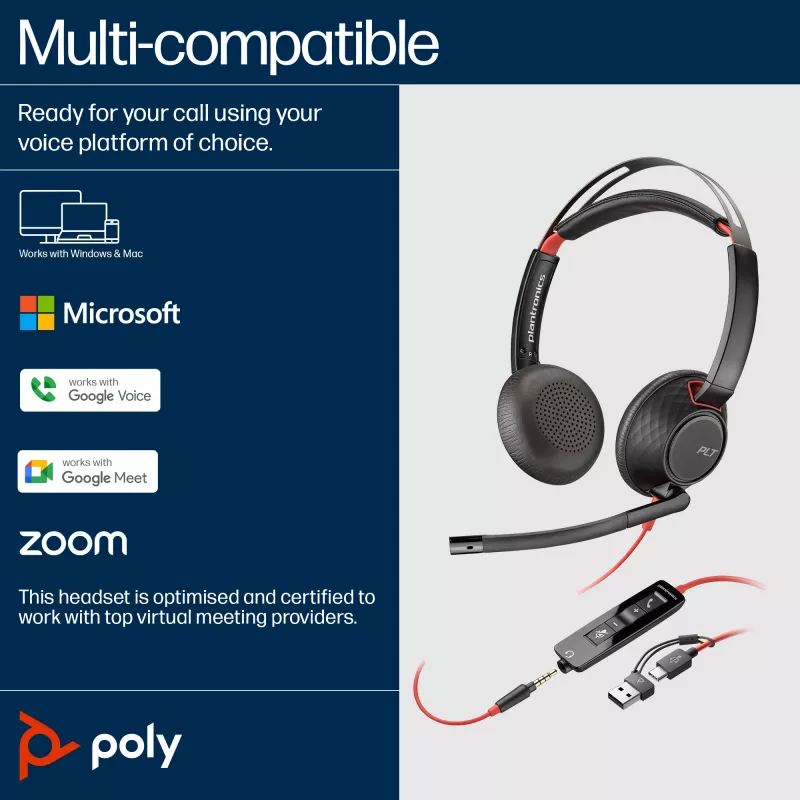Cuffie HP Poly Blackwire 5220 stereo USB-C + connettore 3,5 mm + adattatore USB-C/A (confezione multipla)