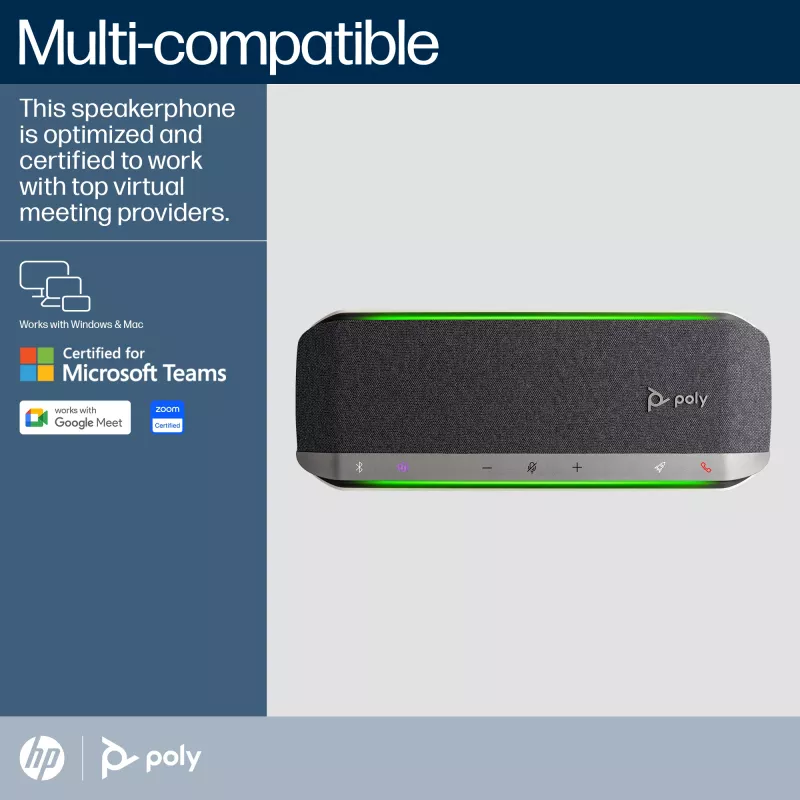 HP Poly Sync 40 speakerphone Microsoft Teams Certified, argento, Windows 10, Windows 11, MacOS, 30 h, RoHS, Federal Communications Commission (FCC), CE, 38 mm