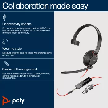 HP Poly Blackwire 5210 Cuffie monaurali USB-C + spina 3.5mm + adattatore USB-C/A (Bulk)