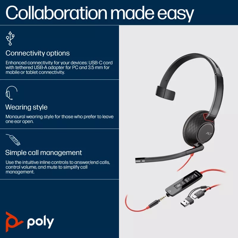 HP Poly Blackwire 5210 Cuffie monaurali USB-C + spina 3.5mm + adattatore USB-C/A (Bulk)