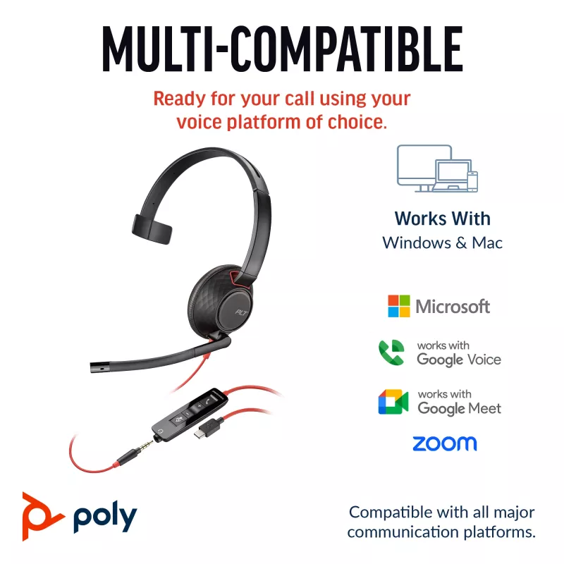 HP Poly Blackwire 5210 Cuffie monaurali USB-C + spina 3.5mm + adattatore USB-C/A (Bulk)