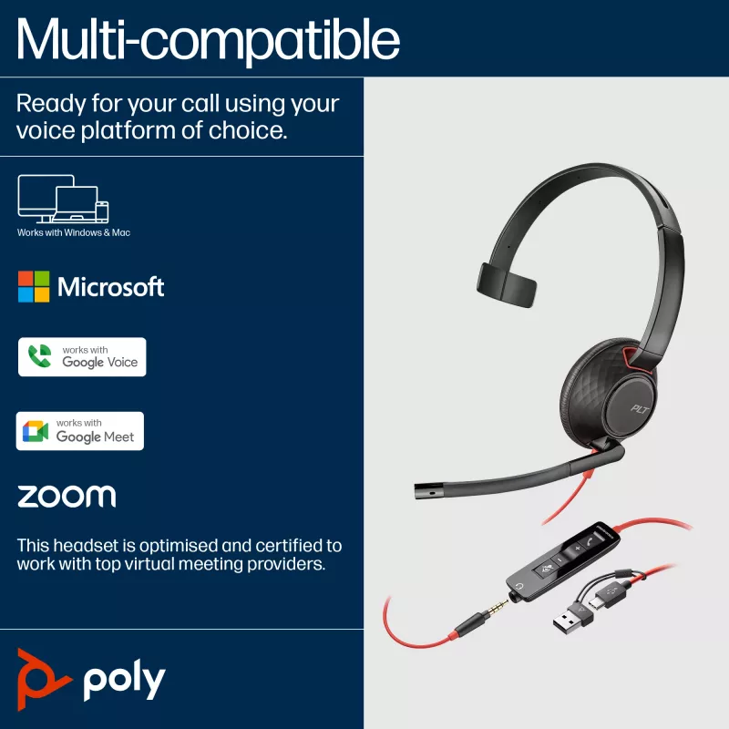 HP Poly Blackwire 5210 Cuffie monaurali USB-C + spina 3.5mm + adattatore USB-C/A (Bulk)