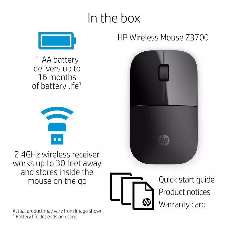 HP Z3700 Mouse wireless nero, ambidestro, ottico, RF wireless, 1200 DPI, nero
