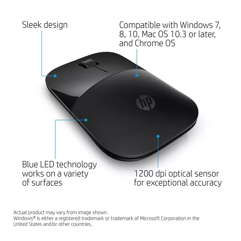 HP Z3700 Mouse wireless nero, ambidestro, ottico, RF wireless, 1200 DPI, nero
